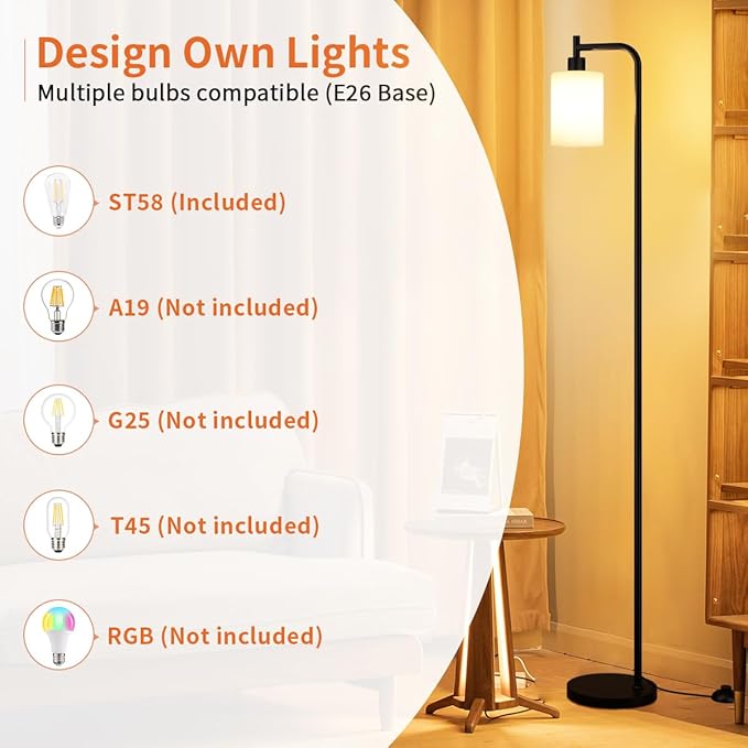 Floor Lamps for Living Room - Standing Lamp with Frosted White Glass Shade, Modern Industrial Floor Lamp with LED Bulbs, Black Tall Lamp for Bedroom Office(Light Bulb Included)
