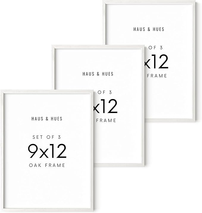 HAUS AND HUES Set of 3 9x12 Picture Frame - 9x12 Frame Wooden Picture Frames, 9 X 12 Frame Natural Wood Picture Frames, 12x9 Picture Frame Set Wooden Frames, 9 X 12 Picture Frame (White Oak Frame)