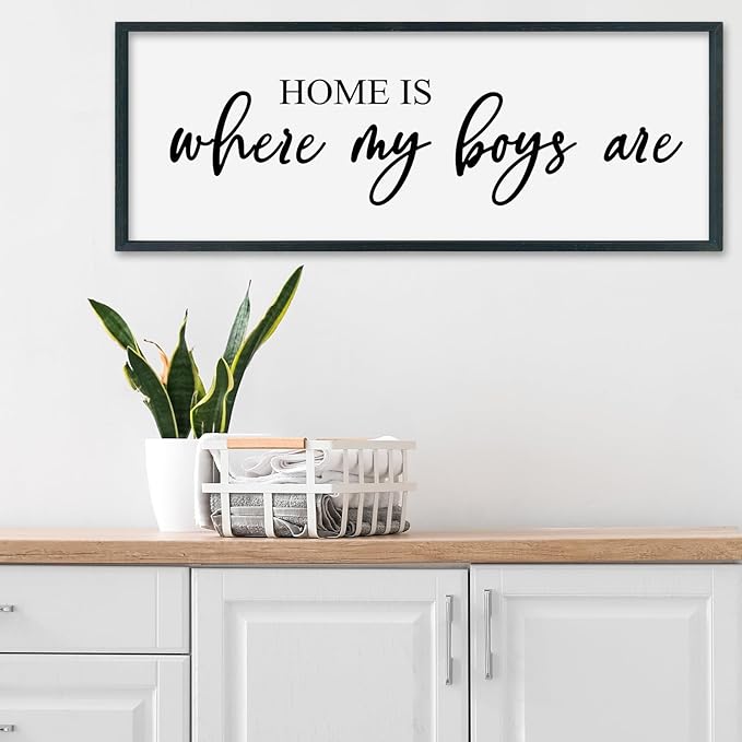SRSZHIYUE Home Is Where My Boys Are Sign Wall Art Decor 40"×15" for Family Bedroom Large Wood Framed Wall Hanging (Black)