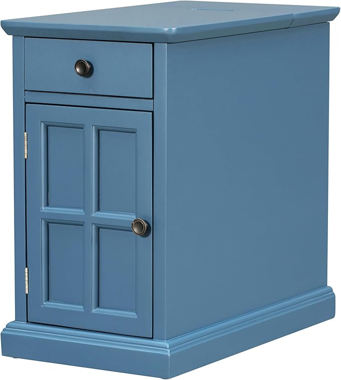 Traditional Wooden Narrow End Table with Charging Station, Modern Vintage Sofa Side Table Storage and Multifunctional Drawer, Antique Navy for Living Room, Bedroom, Office, No Assembly