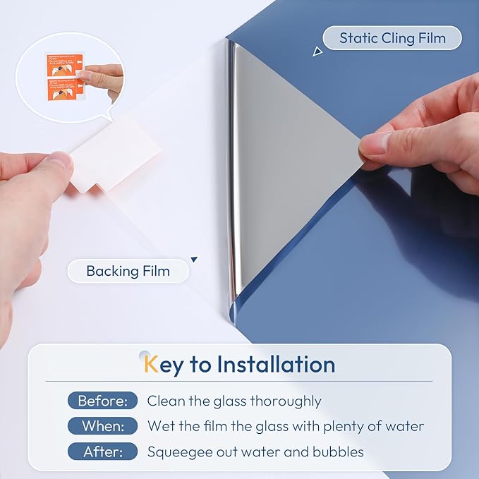 rabbitgoo Window Tint for Home One Way Privacy Window Film See Out Not in Heat UV Blocking Reflective Removable Static Cling Mirror Decorative House Glass Covering, Blue Silver, 23.6 Inch X 6.5 Feet