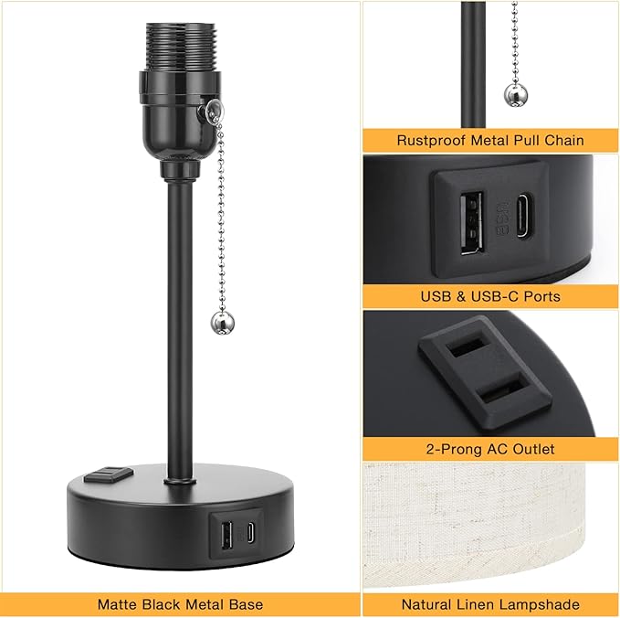 Small Bedside Lamps 3 Color Modes - Off White 3000K 4000K 5000K Bedroom Lamps with USB C and A Ports, Pull Chain Table Lamps with AC Outlet, Nightstand Lamps with Black Metal Base for Kids Reading