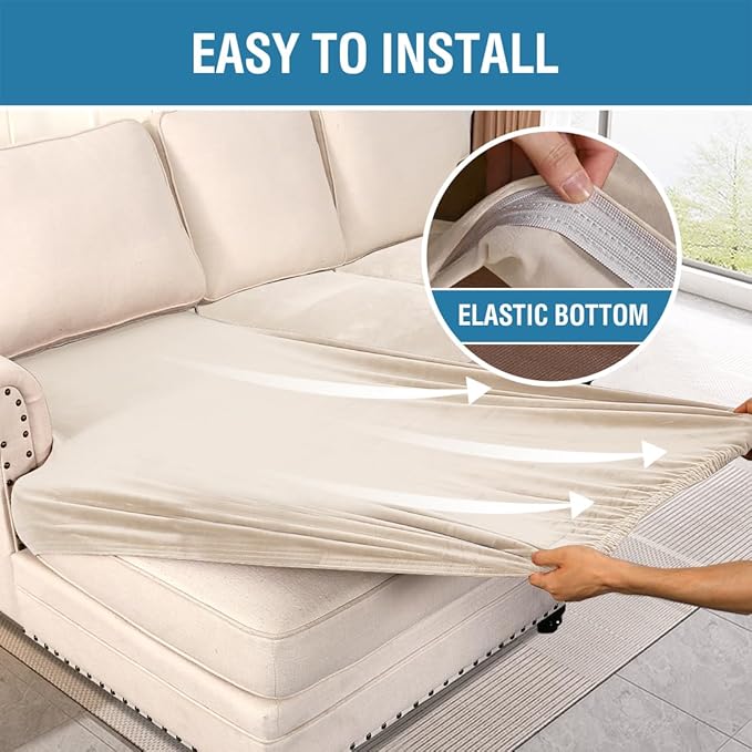 H.VERSAILTEX Velvet Stretch Sectional Couch Covers 3 Pieces Sofa Seat Cushion Covers L Shape Separate Cushion Couch Cover for Both Left/Right Sectional Couch (Large Sofa 2 Seater + 1 Chaise, Ivory)