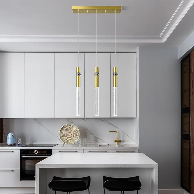 3 Light Pendant Lighting Dining Room Light Fixture Dimmable LED Modern Gold Pendant Light with Bubble Crystal Pendant Lights Kitchen Island