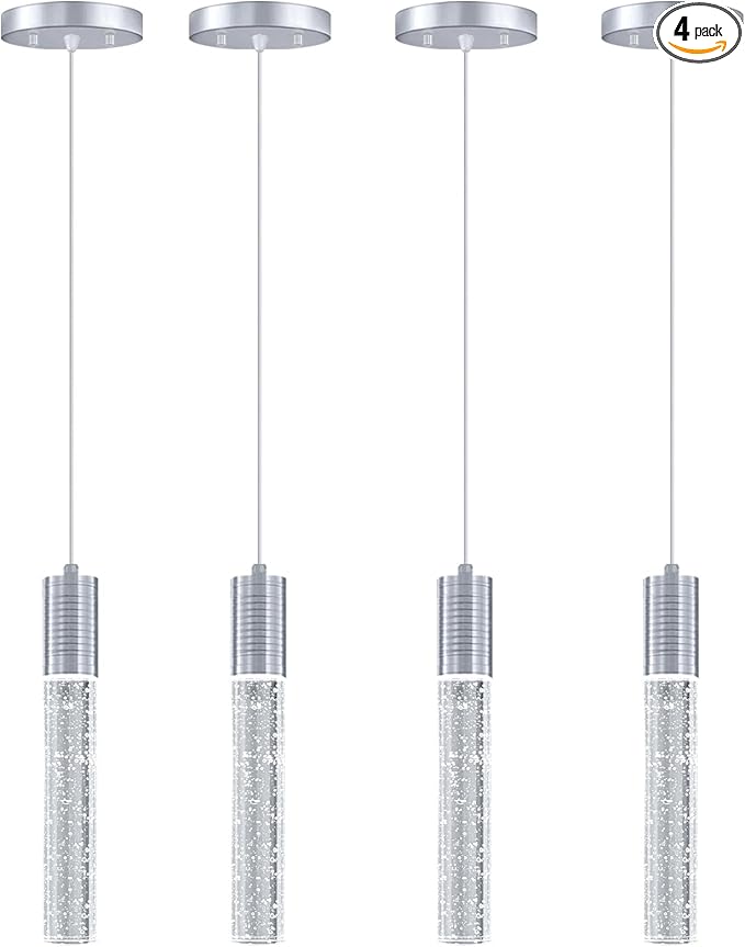 4 Pcaks Pendant Lights for Kitchen Island, White Light, Silver Chrome Crystal Linear Pendant Lighting, Bar Corner LED Light Fixture