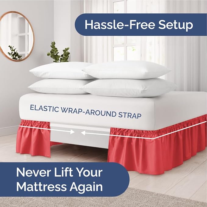 Wrap Around Dust Ruffle Bed Skirt - Red - for King Size Beds with 21 Inch Drop - Easy Fit Elastic Strap - Adjustable Pleated Bedskirt w/Brushed Fabric - Wrinkle Free - for Women, Men, Kids & Teens