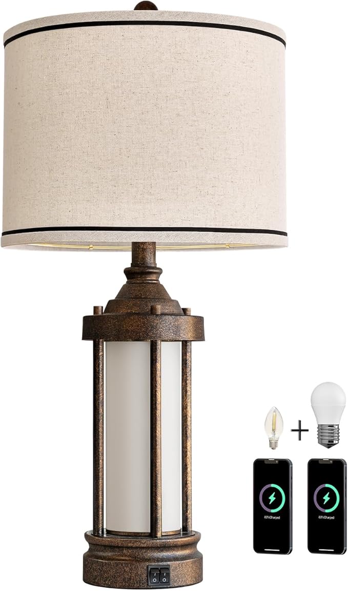 25'' Table Lamp for Living Room Bedroom Farmhouse Metal Lamps with 2 USB Ports, Built-in Frosted Glass Night Light Vintage Industrial Nightstand Bedside End Lamp, 2 Bulbs Included, Bronze