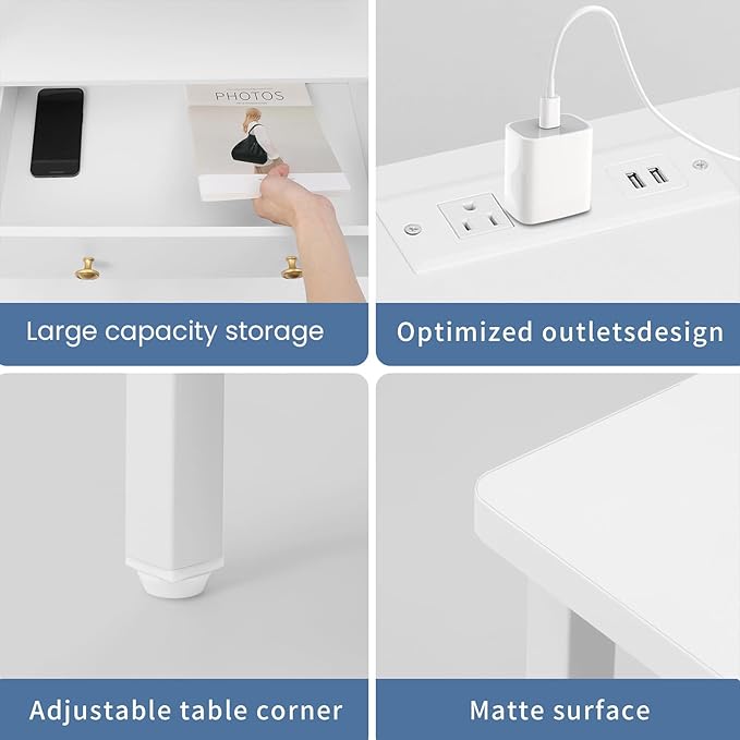 3 Wooden Drawers Nightstand, 27 Inch Wide Night Stand Set 2 with Charging Station and Adjustable Drawers, Small Dresser for Closet, Bedside Table for Living Room/Bedroom/Office, White.