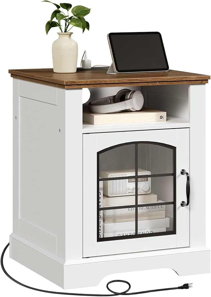 HOOBRO Farmhouse Nightstand Set of 2, with Charging Station, 17.7" Wide Rustic End Tables for Living Room, Wooden Sofa Side Table with Tempered Glass Barn Door and Open Shelf, White and Walnut