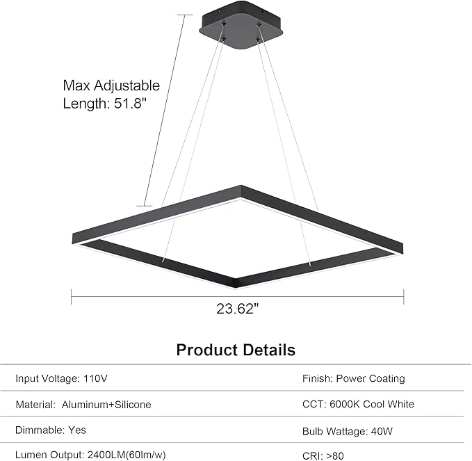 Black Modern Square Chandelier, Square Ceiling Light Fixture, Contemporary Chandelier Pendant Light for Kitchen Island, Dining Room, Bedroom