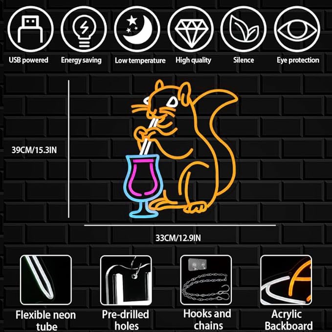 Squirrel Cocktail Neon Sign for Wall Decor, Orange Squirrel Neon Light, USB Powered Animal Cocktail Bar Led Light Up Sign for Bar, Bedroom, Man Cave, Business, Game Room