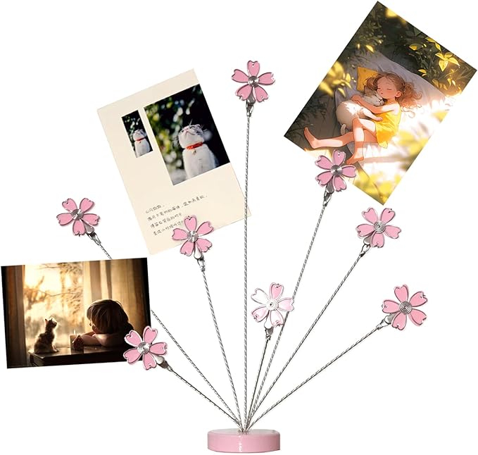 8-Branch Family Tree Picture Frame Holder, Card Photo Clips Holder Desk Stand for Memo Paper Note Photo Christmas Wedding Card Display (Cherry Blossoms)