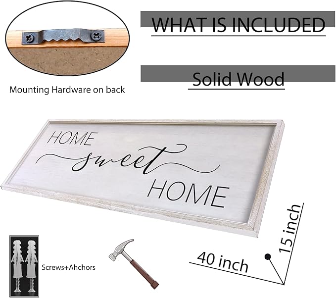 Home Sweet Home Sign Wall Decor 40"x15" Above Bed Living Room Large Wooden Framed Family Plaques Art (White)