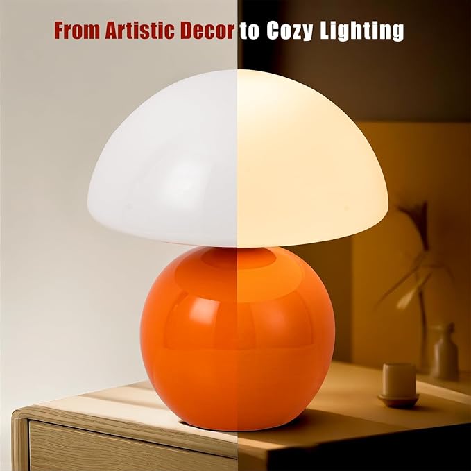 Mushroom Table Lamp, Orange Vintage LED Desk Light for Bedroom, Dimmable Ambient Lighting with Glass Shade for Bedroom, Reading, Home Décor, Gift for Friends