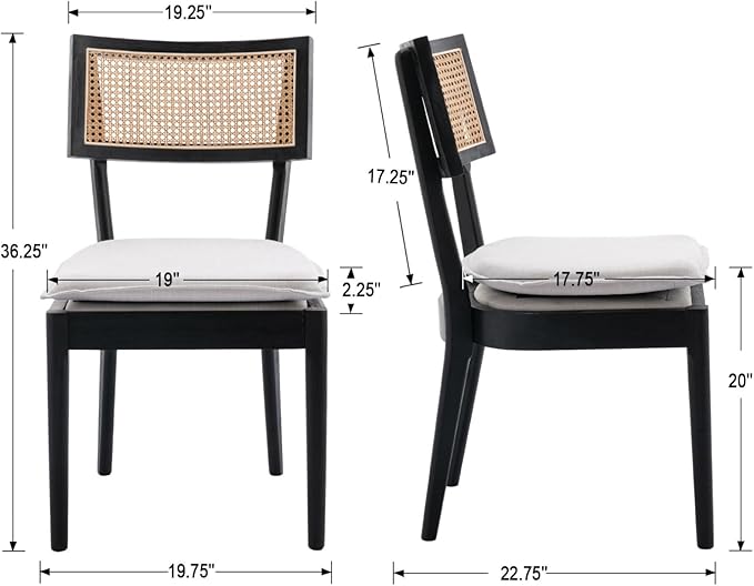 Rattan Dining Chairs Set Of 2 , Mid Century Modern Black Wooden Cane Back Chairs with Removable Linen Cushion , Retro Farmhouse Upholstered Kitchen & Dining Room Chairs for Restaurant Living Room