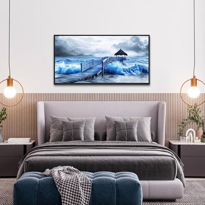 ZUITINGHUA Large Black Framed Wall Decor For Living Room Canvas Wall Art For Office Modern Wall Decorations For Bedroom Ocean Landscape Painting Black And White Pictures Artwork Home Decor 24x48 In