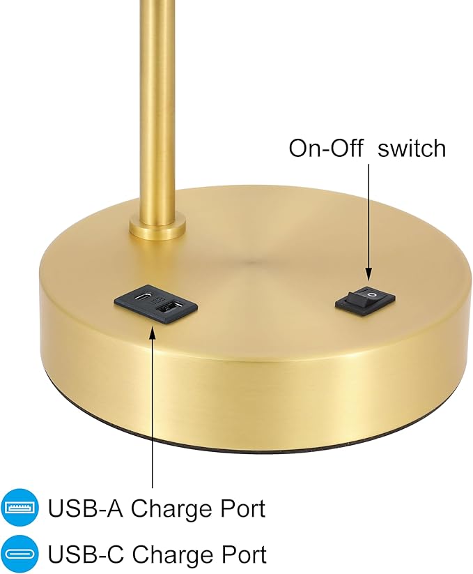 XiNBEi Lighting Table Lamp USB Desk Lamp with Fabric Shade, Modern Bedside Iron Lamp Satin Brass Finish for Bedroom Living Room & Office XB-TL1230-SB