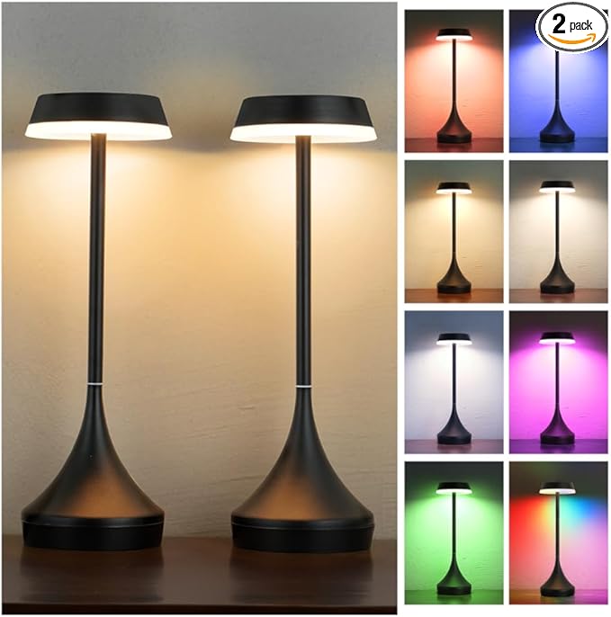 EZVALO Set of 2 Rechargeable Cordless Table Lamps, Portable 6000mAh Outdoor Table Light,3 Color & RGB Color Changing Stepless Dimming Waterproof Table Lamp for Home/Dinner/Patio/Restaurant/Bar