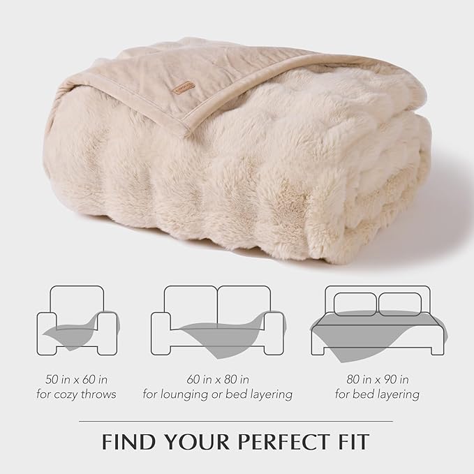 EVERGRACE Ultra Soft Luxury Fluffy Ridgeline Faux Rabbit Fur Throw Blanket, Thick Warm Bubble Throw for Bed, Cozy Plush Reversible Blankets for Couch, Chair, Sofa, Cream, 60x80 Inches, 870 GSM