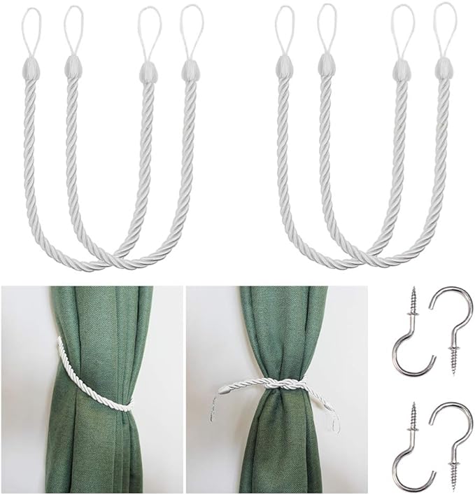 BEL AVENIR Curtain Rope Tiebacks, Drapery Rope Holdbacks with 4 Metal Screw Hooks (White-4 Pack)