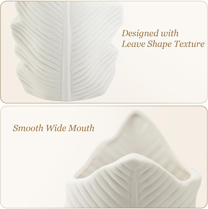 White Matte Ceramic Leaf-Shaped Vase – BEAHOT Modern Minimalist Decorative Flower Vase with Embossed Leaf Texture for Table Centerpiece, Home & Office Decor