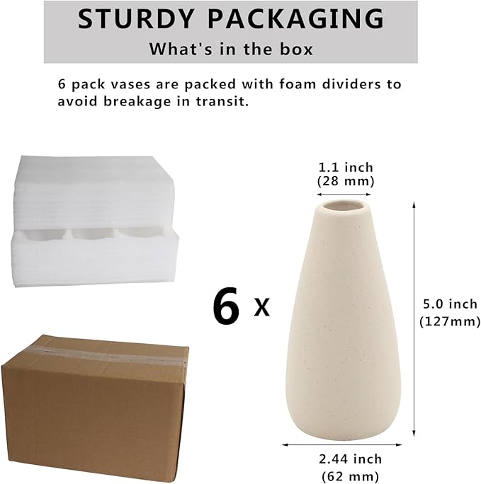 YANLING 6 Pack Modern Small Vase for Flowers, Light Yellow Ceramic Vases for Pampas Grass, Boho Vases for Home Decor Table Shelf Office Bedroom