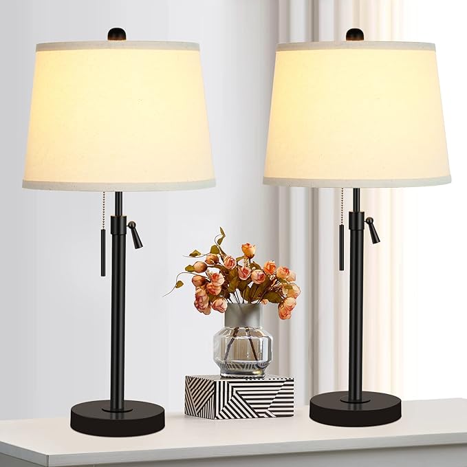 Bedside Table Lamps Set of 2: Tall Black Table Lamps for Living Room End Table | Height Adjustable 3-Way Dimmable Nightstand Lamp with Pull Chain Switch Modern Lamps for Bedroom Office(Bulbs Included)
