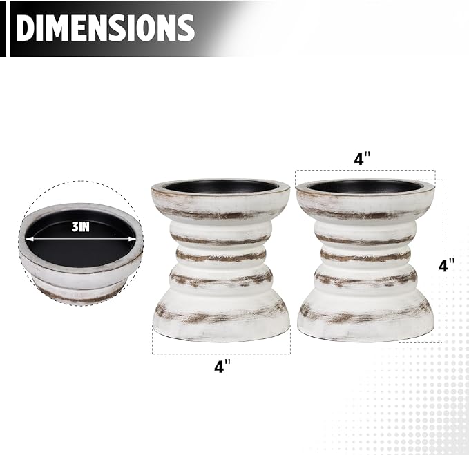 Candle Holder for Pillar Candle Set of 2, Farmhouse Wood Candle Holder, Rustic Wooden Candle Stand, Vintage Small Wooden Candlestick Holders for Living Room, Table Centerpiece, Rustic White