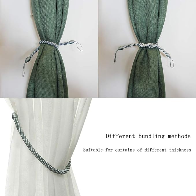 BEL AVENIR Curtain Rope Tiebacks, Drapery Rope Holdbacks with 2 Metal Screw Hooks, 1 Pair - Light Blue