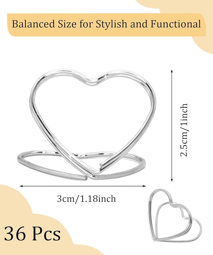 36 Pcs Heart Table Number Holders - Rust-Resistant Metal Place Card Stands for Weddings, Office & Home Decor (Silver)