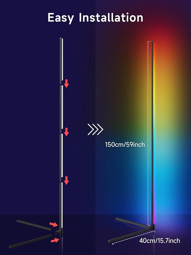 Corner Floor Lamp, RGB LED Corner Lamp with Music Sync, Smart App and Remote Control Color Changing Ambience Light, LED Lamp with 16 Million Colors for Bedroom, Living Room Gaming Room