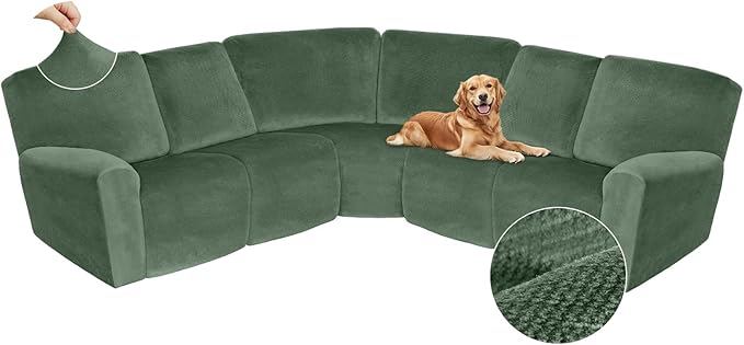 Arfntevss Sectional Recliner Couch Covers Velvet Corner Sectional Sofa Cover for Reclining Stretch Soft L Shape Recliner Slipcover Thick U Shaped Washable Protector (5 Seat Cover, Grayish Green)