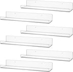 6 Pack Clear Acrylic Floating Shelves for Wall, 15'' Plastic Wall Mounted Display Shelf Kids Bookshelf and Spice Organizer for Bedroom, Living Room, Kitchen, Bathroom, Office