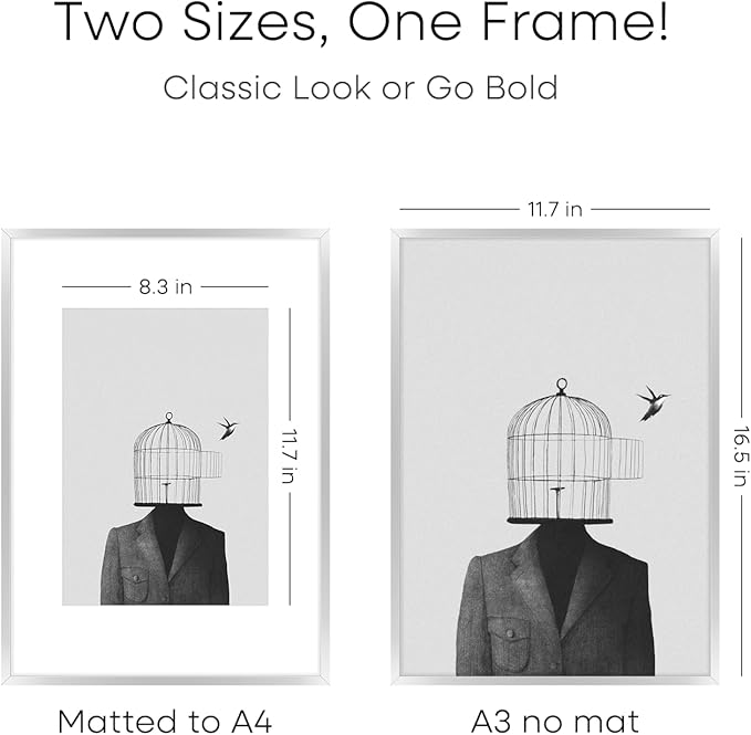 Homeforia A3 Picture Frame Silver, High End Metal 11.7 x 16.5 inch Poster Frames with Mat 8.3 by 11.7 for Photo, A3 Size Frames Matted to A4 Art, 11.7x16.5 Wall Hanging Frame, Tempered Glass, Set of 1