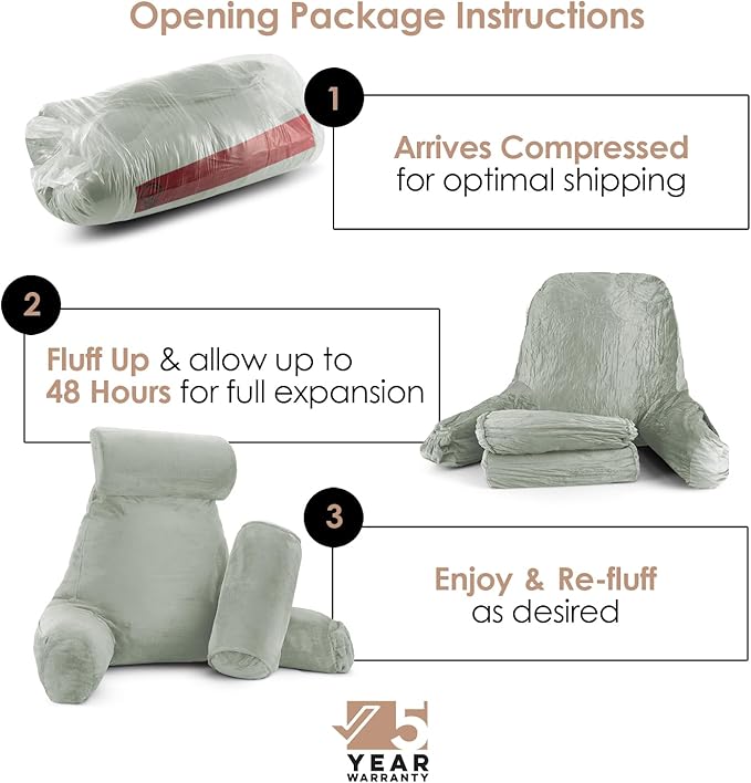 Nestl Reading Pillow Large Bed Pillow, Back Pillow for Sitting in Bed Shredded Memory Foam Chair Pillow, Reading & Bed Rest Pillows Sage Green Back Pillow for Bed, Bed Chair Arm Pillow with Pockets