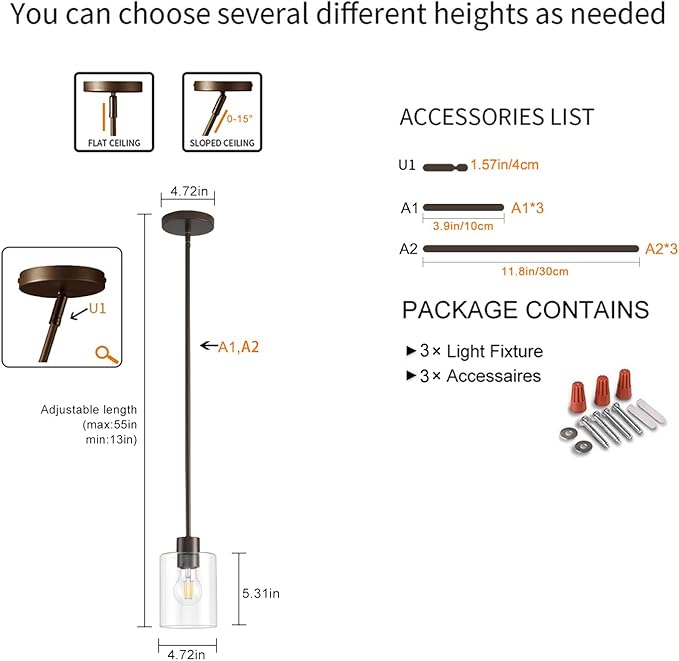 Oil Rubbed Bronze Pendant Lights Kitchen Island - Clear Glass Pendant Light Fixture Multiple Stems Rods 3 Units 12 Inch 3 Units 4 Inch (3 Pack Oil Rubbed Bronze Downrod)