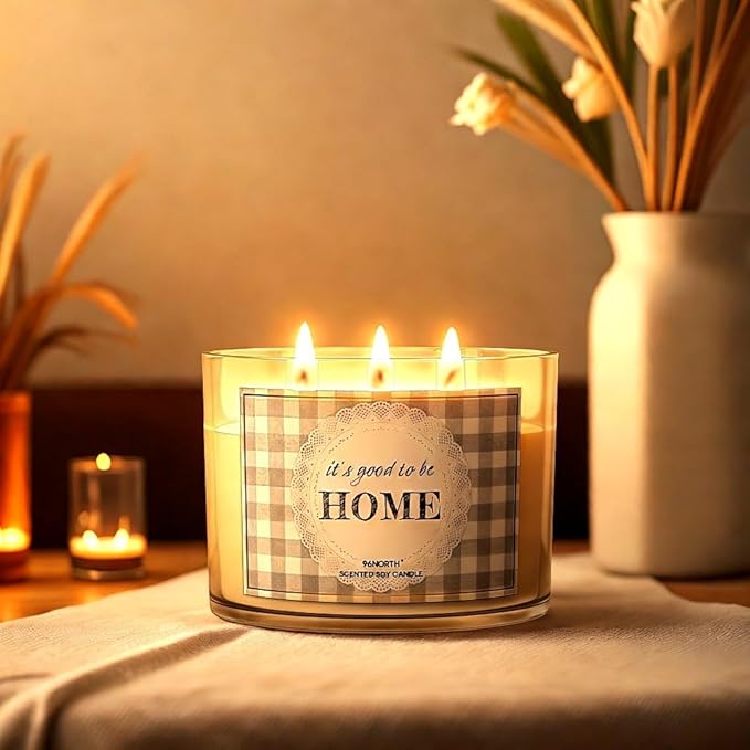 96NORTH Fresh Linen & Soft Amber Candle | Large 3 Wick Jar Candle | 12 Oz Up to 50 Hours Burning Time | 100% All Natural Soy Wax | Relaxing Aromatherapy Candle | Housewarming Gift for Women and Men