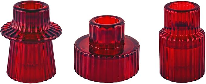 Double Sided Vintage Ribbed Taper Glass Candle Holders,Tea Candle Holder for Table Centerpieces, Wedding Decorations and Dinner Parties (Red, 3 PCS)