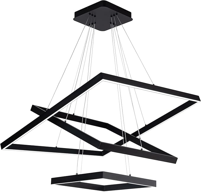 Led Chandelier 3 Rings Square Modern Led Pendant Lighting Dimmable Ceiling Pendant Light for Dining Room Living Room Kitchen Bedroom 15.7"+19.6"+31.4" Black