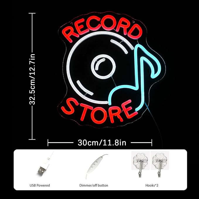 Record Store Neon Sign Music Neon Signs for Wall Decor Letter Neon Light Record Player Sign Live Music Neon Light Sign for Bar Concern Studio Decor(Red white)