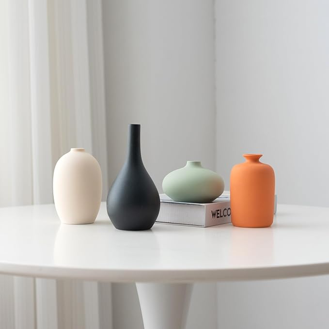 YAOBAAOX Set of 4 Small Matte Ceramic Vases - Modern & Bohemian Decor for Home, Office, Shelve, Living Room Table, Mantel, Bedroom, Entryway, Rustic Farmhouse Decorative Vases & More（Hademade