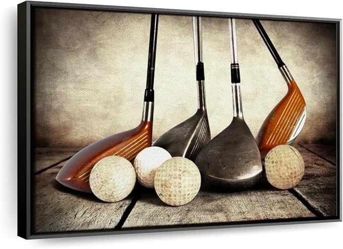 Elephant Stock Golf Sets Wall Art - Horizontal Framed Canvas - 1-Piece Mancave Wall Decor - Photography Sports Canvas Print - Yellow and Brown Decor for Wall - 40" X 27"