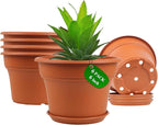 6 Inch Plastic-Flower Pot-for-Indoor Plants, 6 Pack Outdoor Plant Pots with Drainage Holes & Saucers, Resin Garden Pots Planters