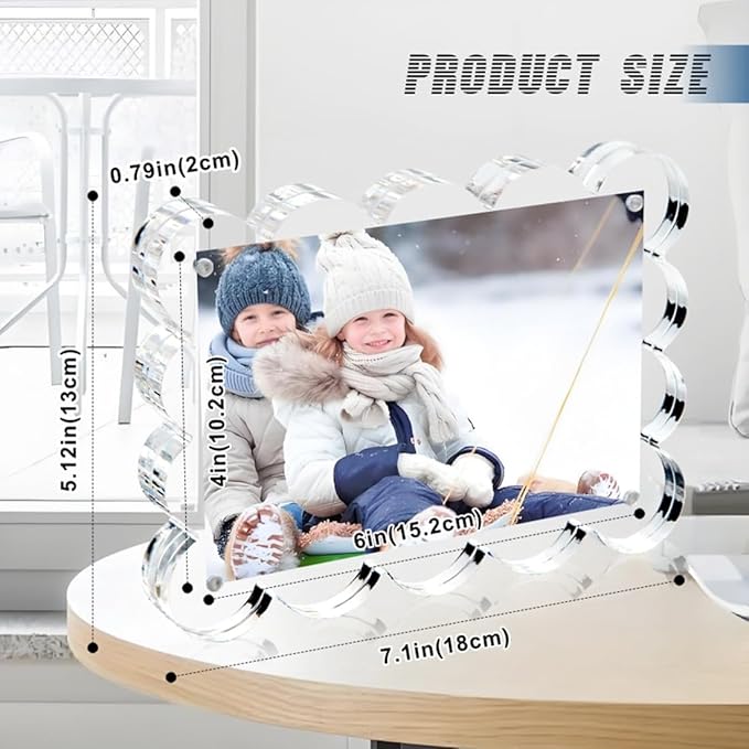 3 Pack 4x6 Inch Magnetic Acrylic Picture Frame,10+10mm Thick Block,Double Sided Clear scalloped frames for Desktop Display | Trendy Home Gift ((3 Pack), 4X6)