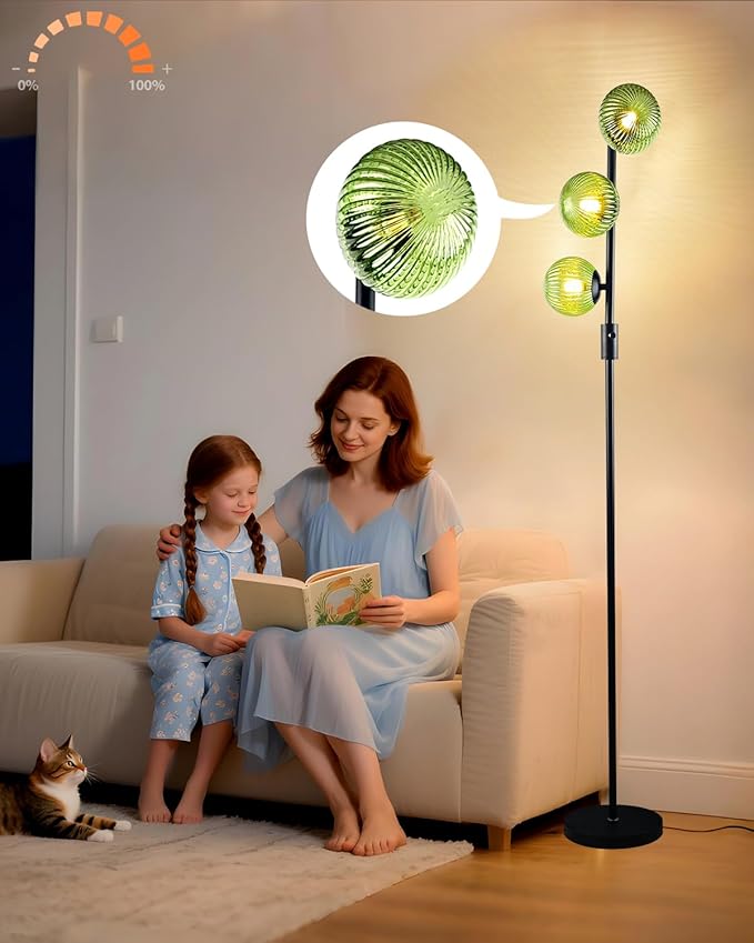 Lightdot Dimmable Floor Lamp for Living Room with 3 Green Glass Globe Shade, Black Pole Standing Lamps with 3000K G9 Bulbs, Mid Century Modern Floor Lamp for Living Room Bedroom Home Office