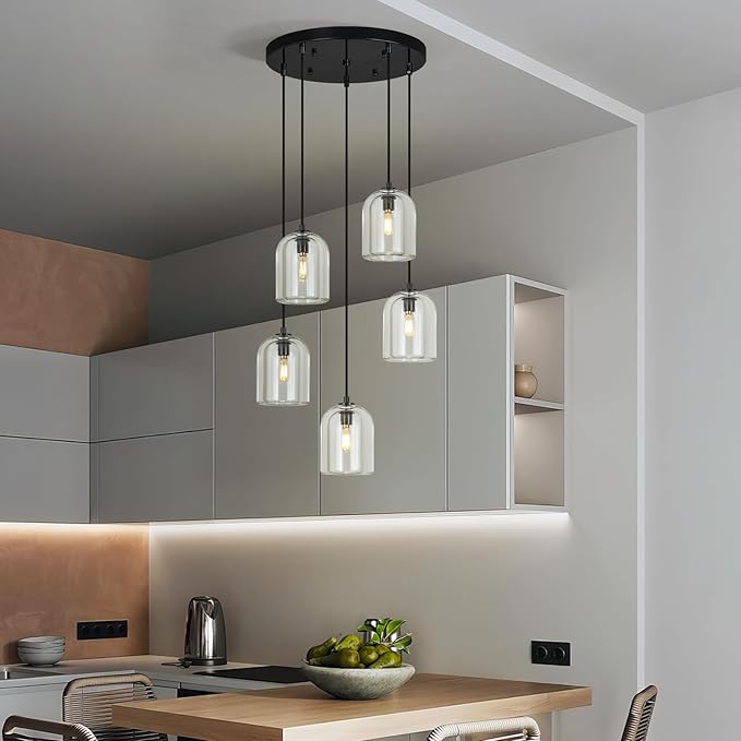 Modern Black Pendant Lights Kitchen Island Ceiling Chandelier Indoor Crystal Hanging Light Fixtures for Dining Room Kitchen Living Room Bedroom（5Light）