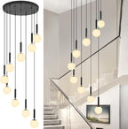 9-Lights Black Chandelier with Milk White Glass Mid Century Modern Globe Pendant Light for Foyer Living Room Entryway Hallway