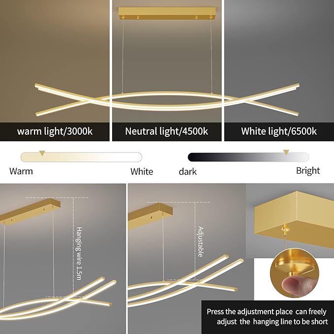 Modern Chandelier, Linear Pendant Light LED Dimmable Hanging Light Fixture, 3000K-6000K with Remote Control (Gold, 47IN)