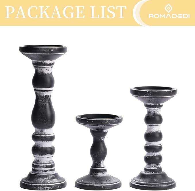 Candle Holder for Pillar Candles: Romadedi Set of 3 Decorative Wood Candlestick Holders, Rustic Wooden Candle Stand for Fireplace Mantle End Table Shelf in Farmhouse Style, Black 6”, 8.3”, 12”