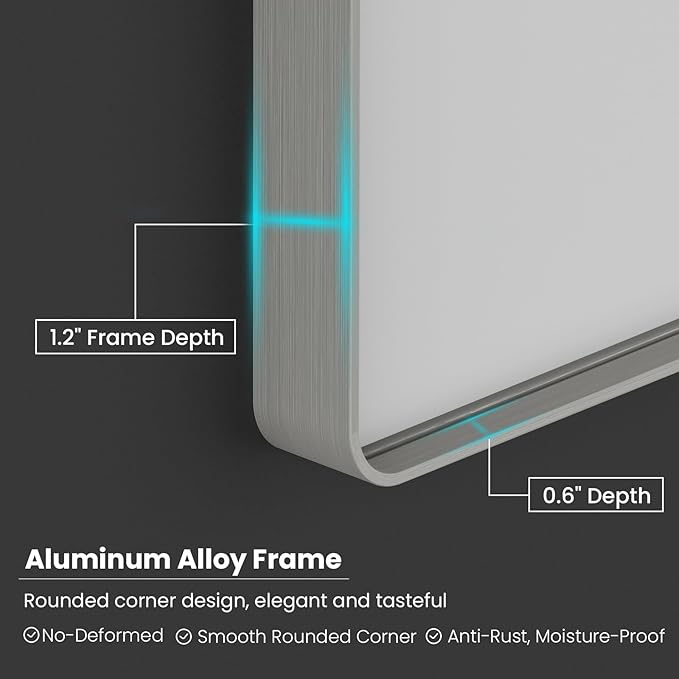 Brushed Nickel Bathroom Mirror 60x40 Inch, Brushed Silver Metal Frame Mirror Wall Mounted, Rounded Rectangle Bathroom Vanity Mirror, Tempered Glass, Anti-Rust, Horizontal/Vertical